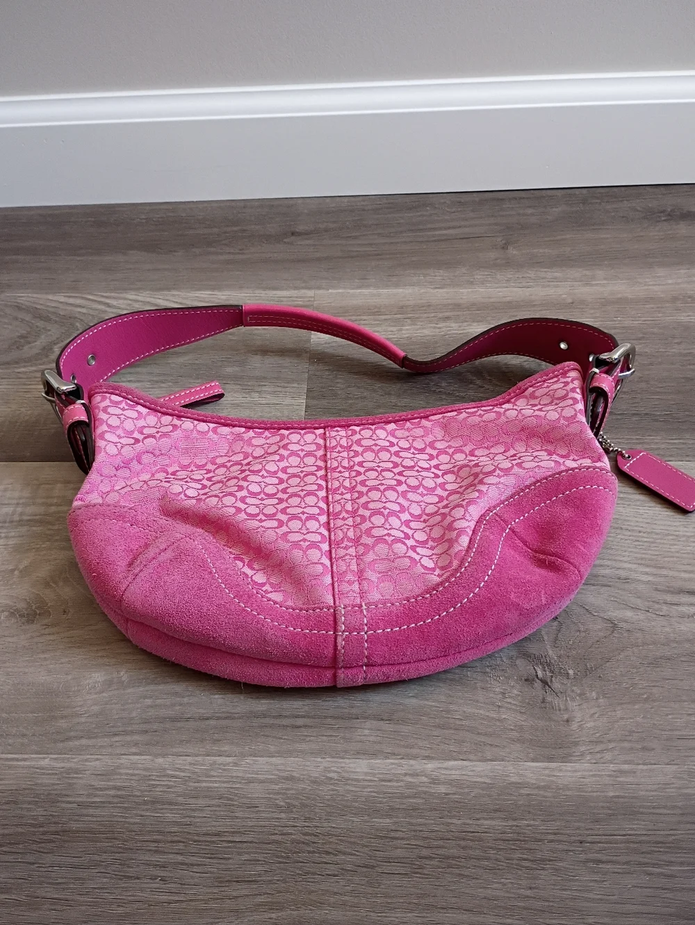 Coach Vintage Women's Y2K 2004 Hot Pink Canvas Suede Shoulder Mini Hobo Handbag - Picture 2 of 8